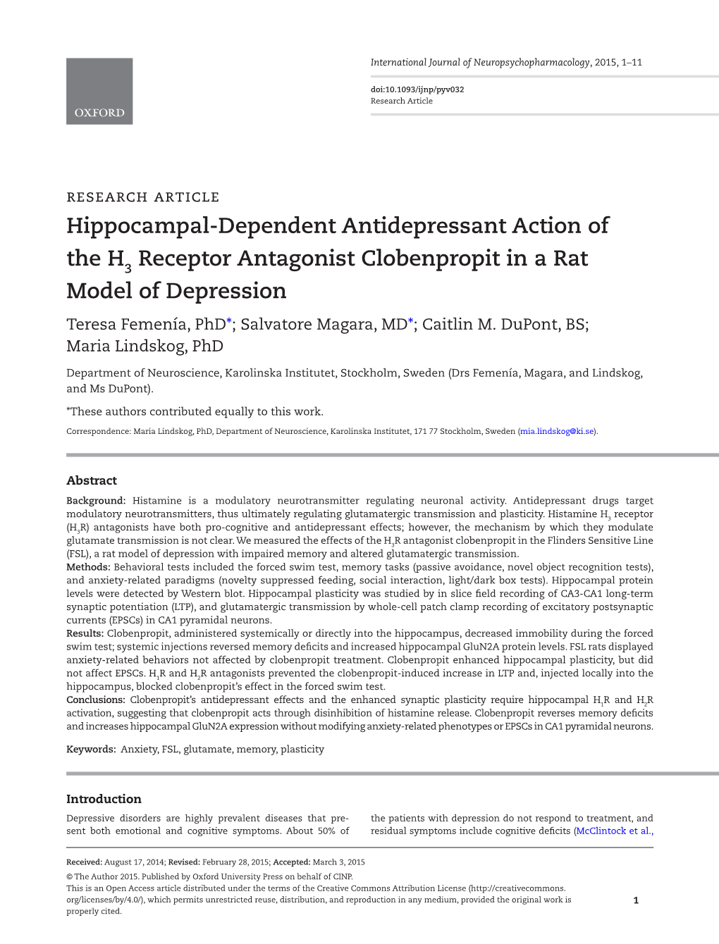 Hippocampal-Dependent Antidepressant Action of the H