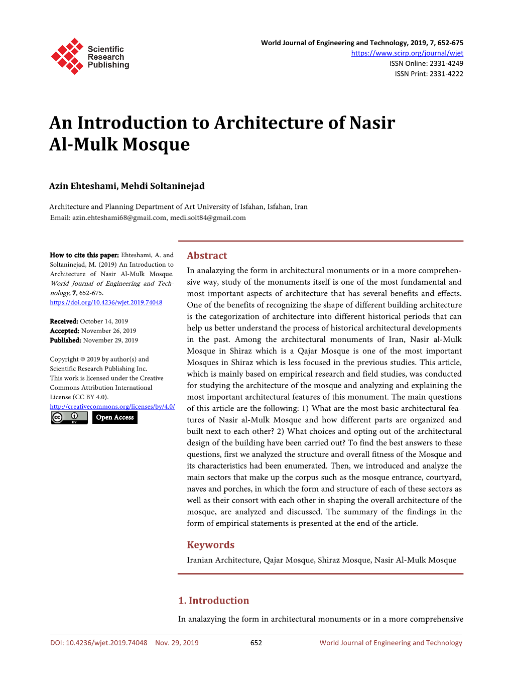 An Introduction to Architecture of Nasir Al-Mulk Mosque