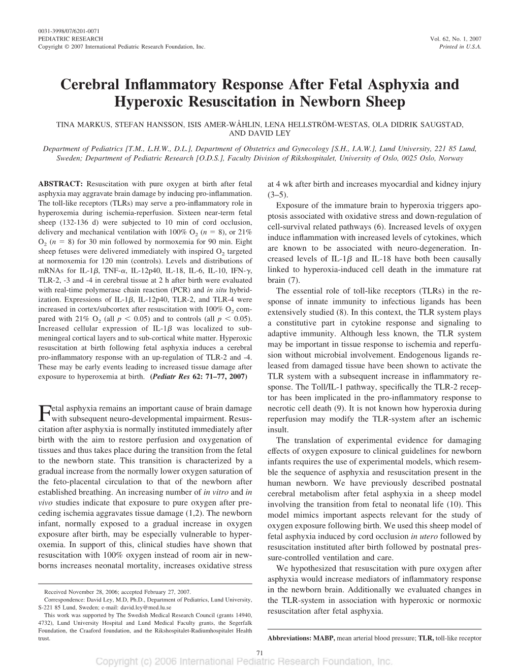 Cerebral Inflammatory Response After Fetal Asphyxia and Hyperoxic