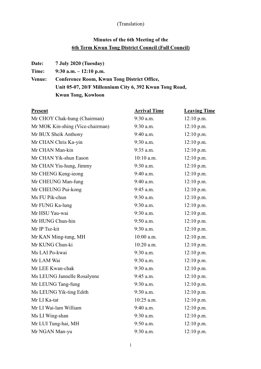 Minutes of the 6Th Meeting of the 6Th Term Kwun Tong District Council (Full Council)