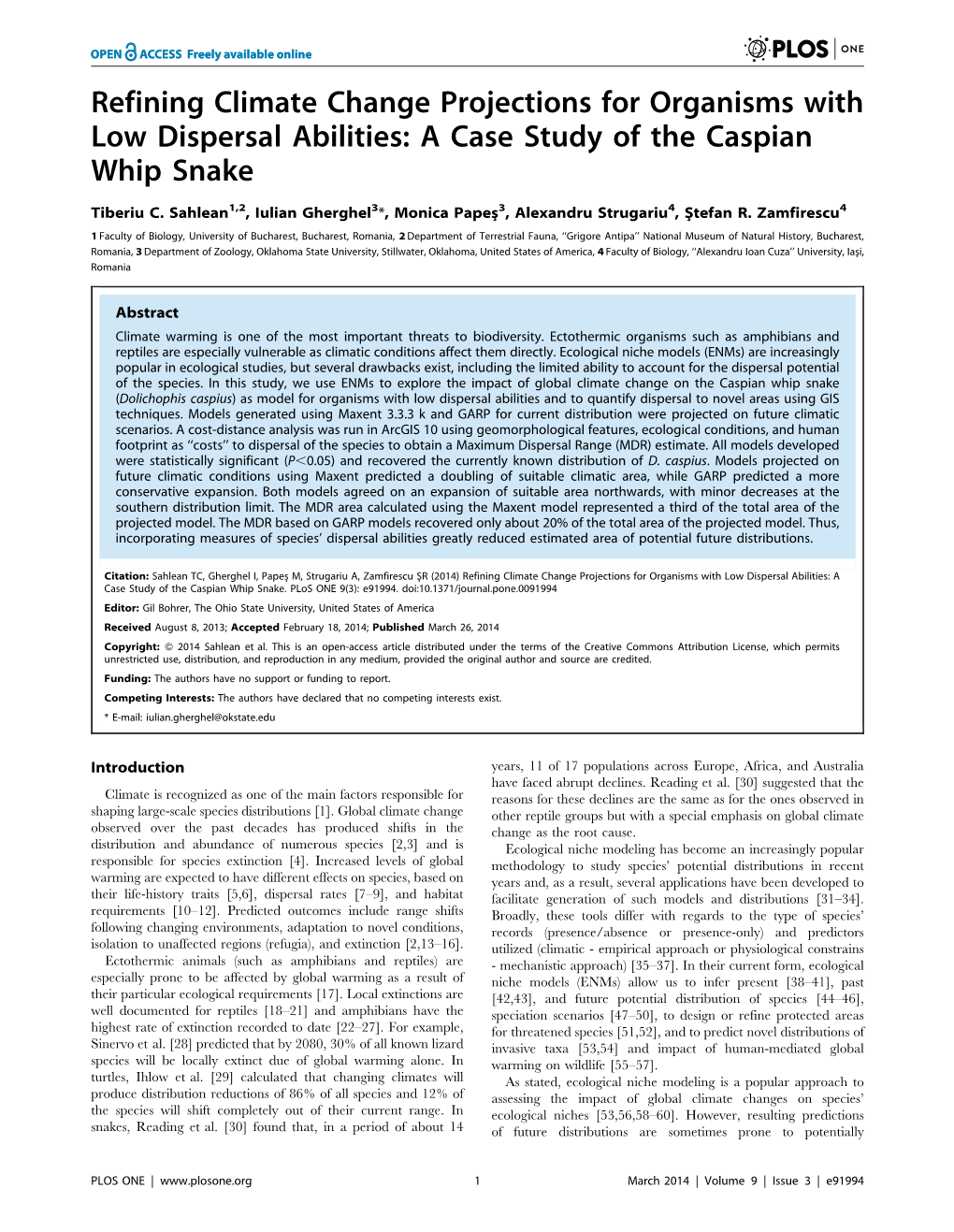 Refining Climate Change Projections for Organisms with Low Dispersal Abilities: a Case Study of the Caspian Whip Snake