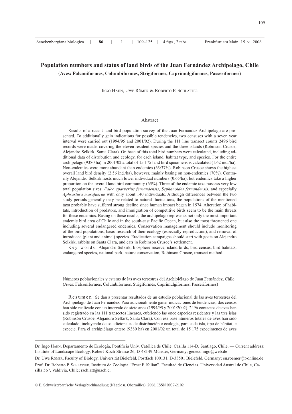 Population Numbers and Status of Land Birds of the Juan Fernández