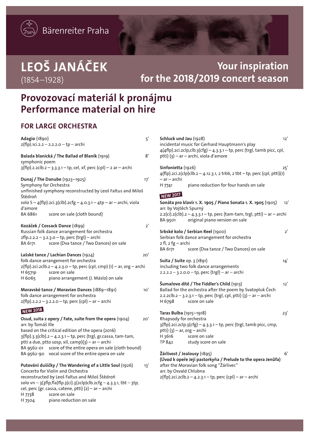 LEOŠ JANÁČEK Your Inspiration (1854–1928) for the 2018/2019 Concert Season Provozovací Materiál K Pronájmu Performance Material on Hire