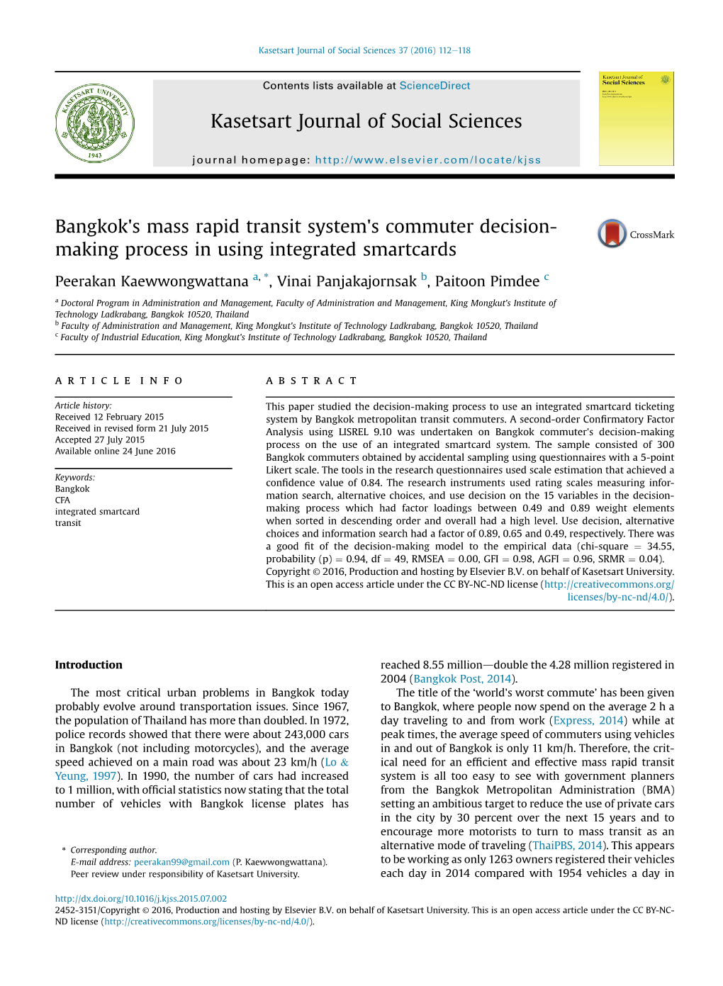 Bangkok's Mass Rapid Transit System's Commuter Decision-Making Process