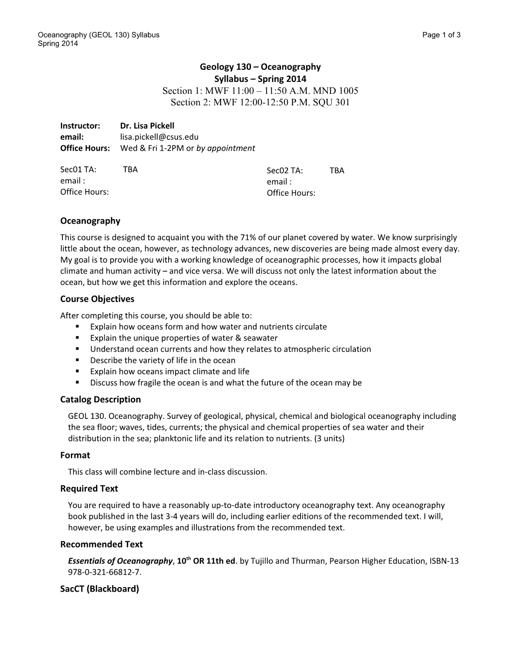 Oceanography (GEOL 130) Syllabus Page 1 of 3