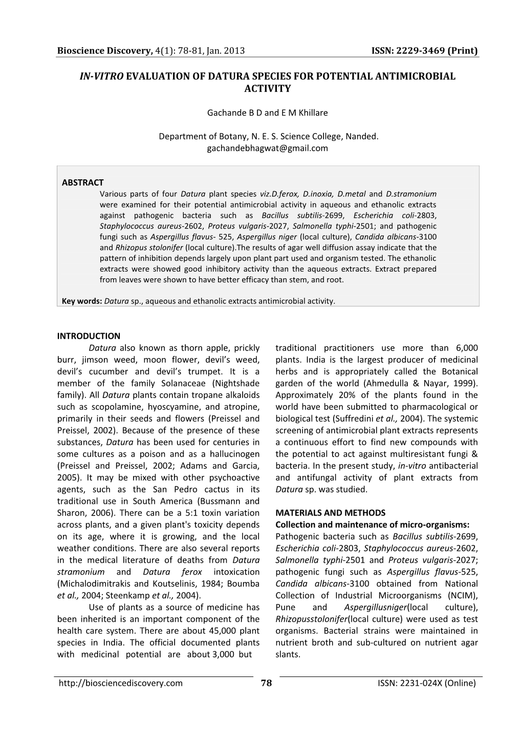 In-Vitro Evaluation of Datura Species for Potential Antimicrobial Activity