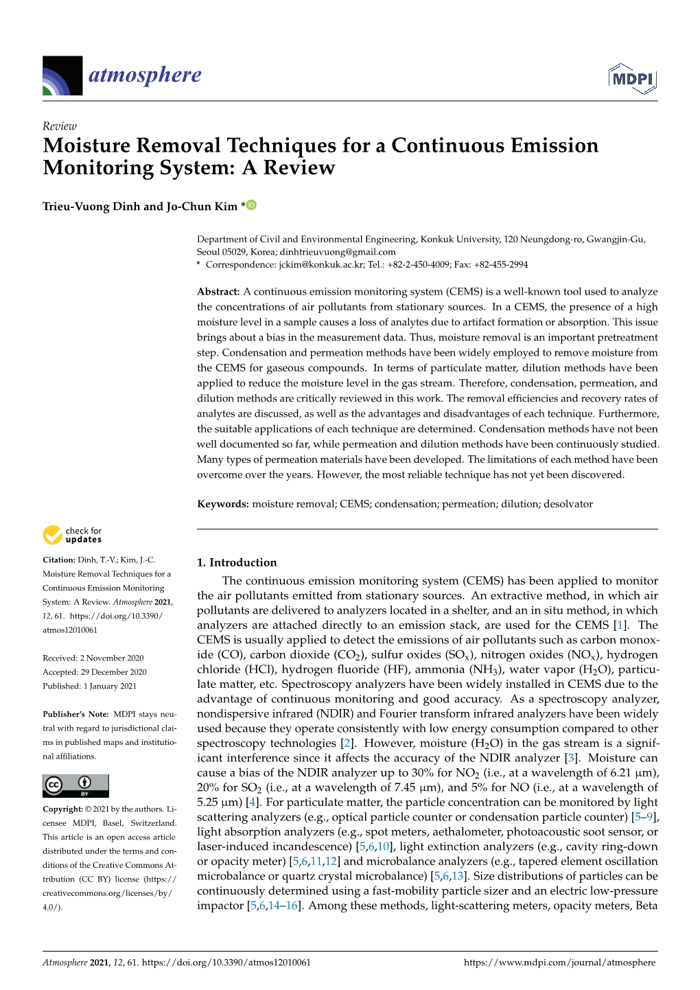 Moisture Removal Techniques for a Continuous Emission Monitoring System: a Review