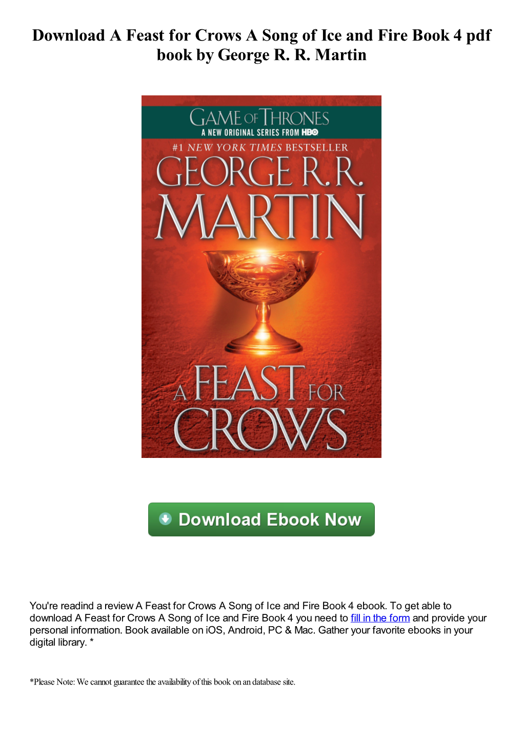 Download a Feast for Crows a Song of Ice and Fire Book 4 Pdf Book by George R