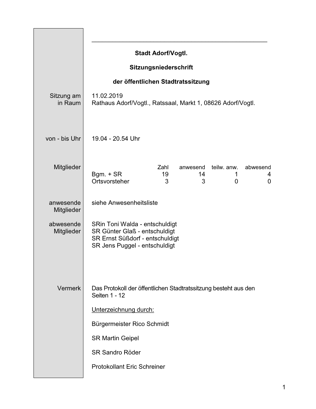 Stadt Adorf/Vogtl. Sitzungsniederschrift Der