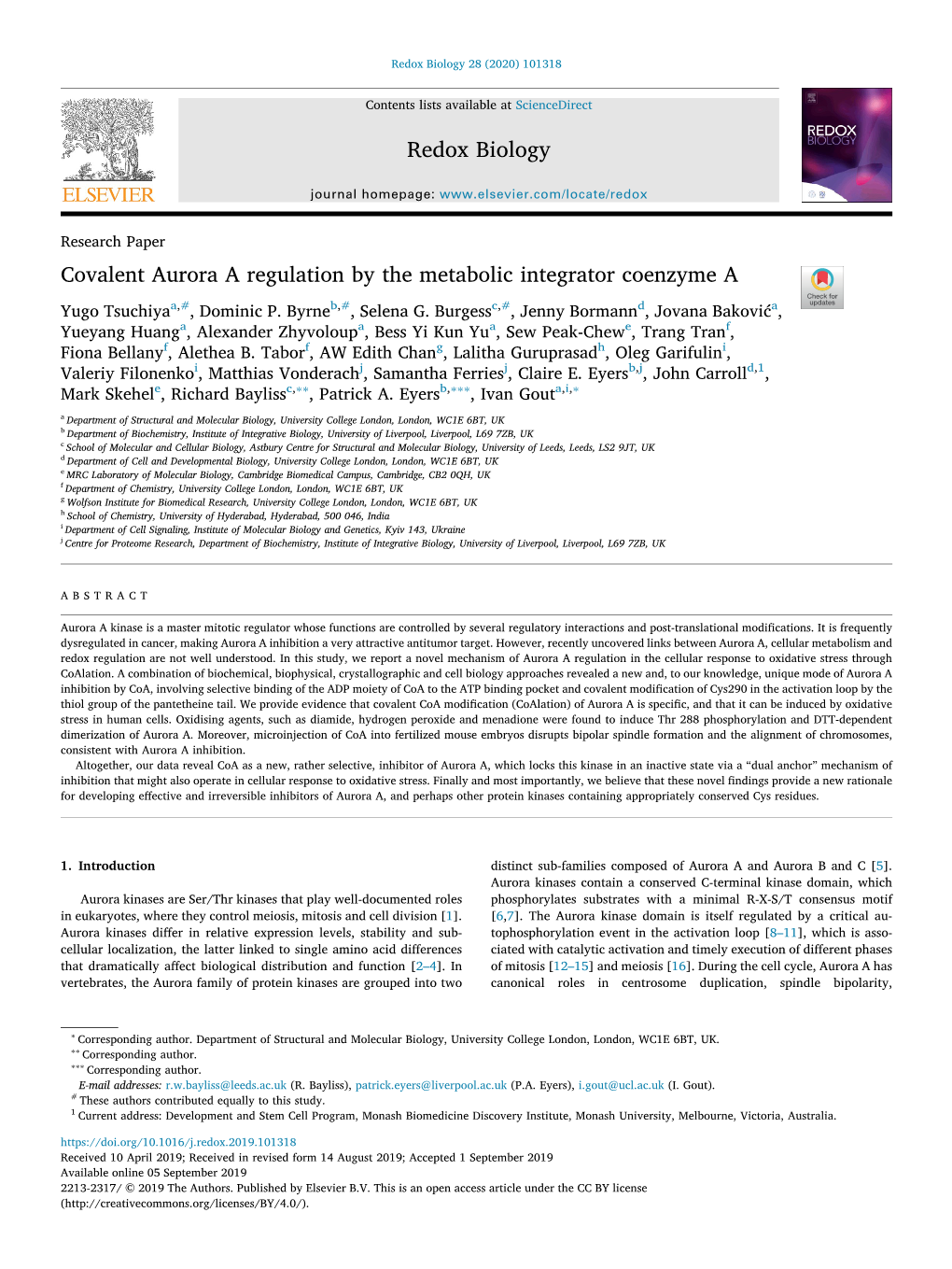 Covalent Aurora a Regulation by the Metabolic Integrator Coenzyme a T Yugo Tsuchiyaa,#, Dominic P