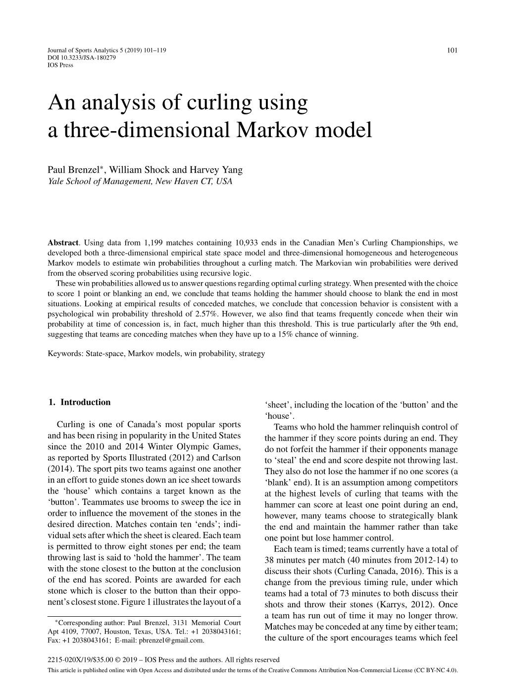 An Analysis of Curling Using a Three-Dimensional Markov Model