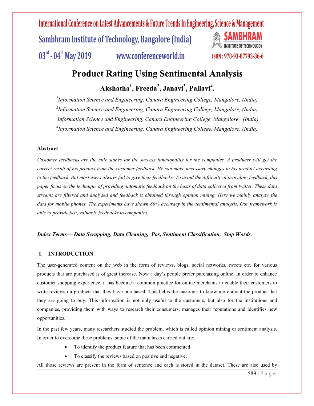 Product Rating Using Sentimental Analysis Akshatha1, Freeda2, Janavi3, Pallavi4