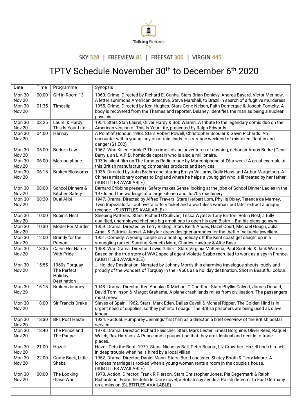 TPTV Schedule November 30Th to December 6Th 2020