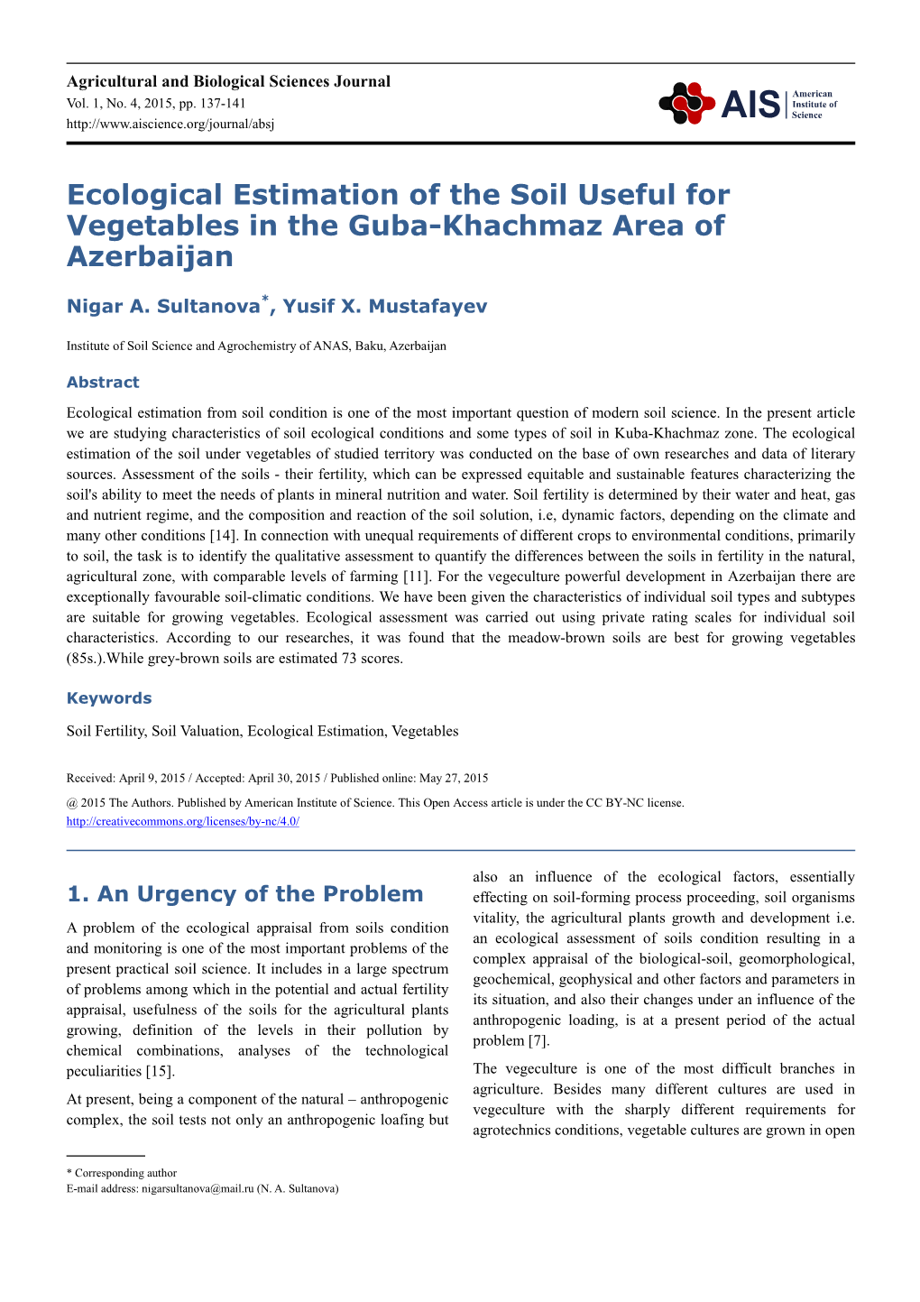 Ecological Estimation of the Soil Useful for Vegetables in the Guba-Khachmaz Area of Azerbaijan