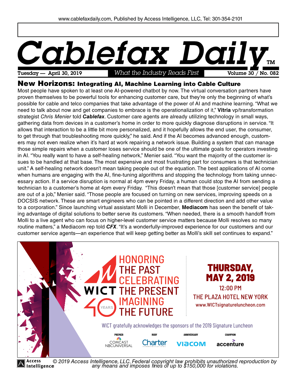 Cablefax Dailytm Tuesday — April 30, 2019 What the Industry Reads First Volume 30 / No