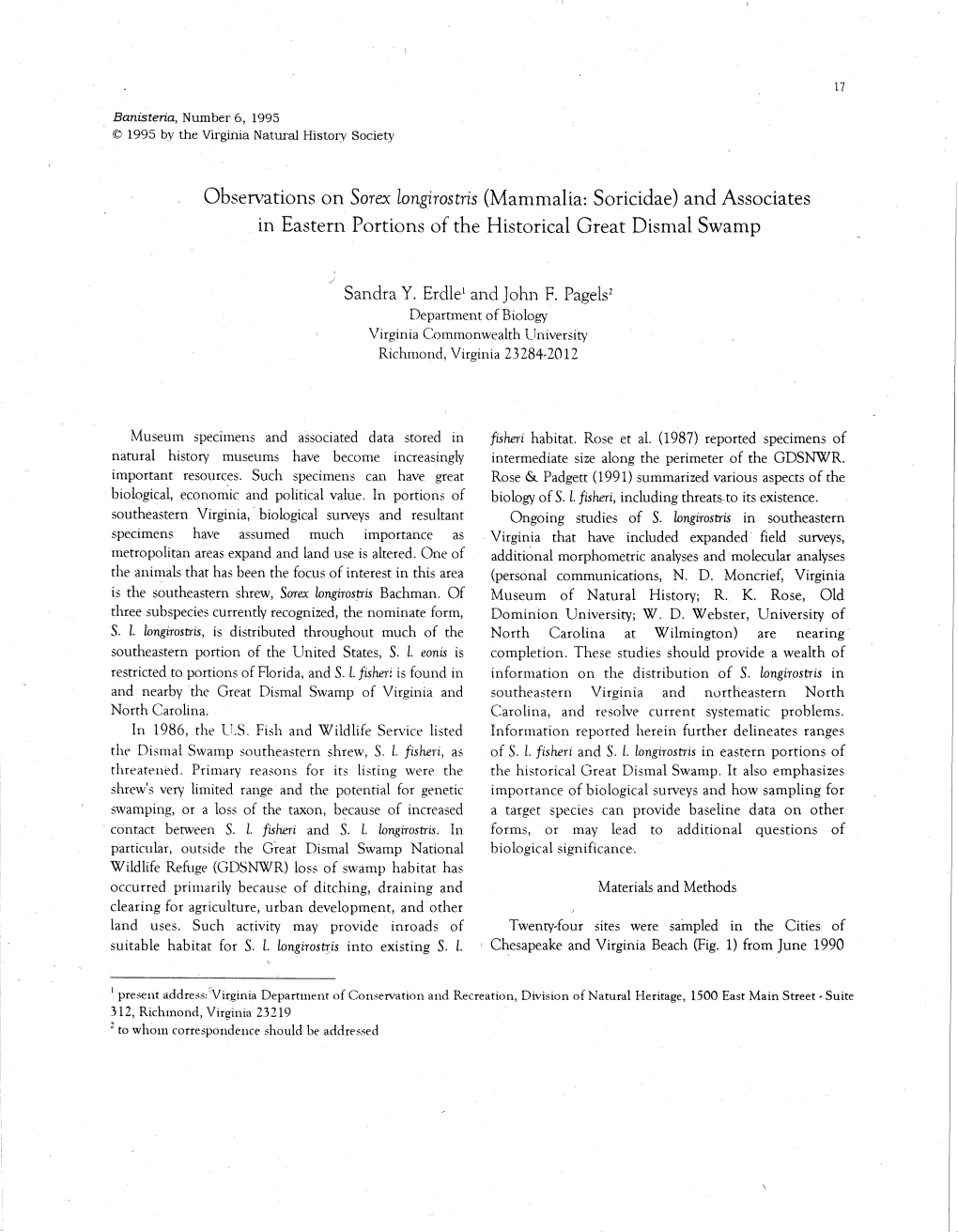 Observations on Sorex Longirostris (Mammalia: Soricidae) and Associates in Eastern Portions of the Historical Great Dismal Swamp