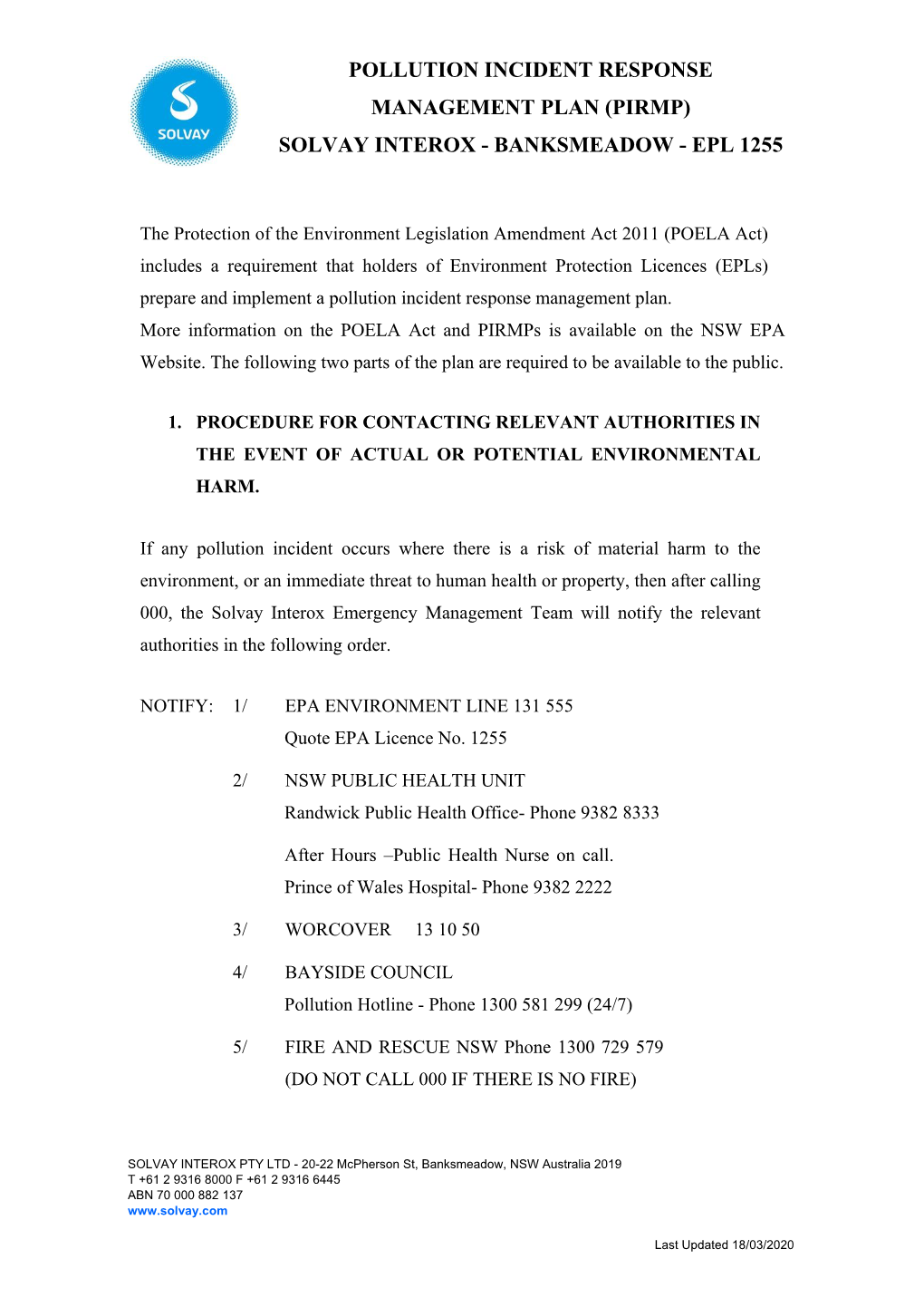 Pollution Incident Response Management Plan (Pirmp) Solvay Interox - Banksmeadow - Epl 1255