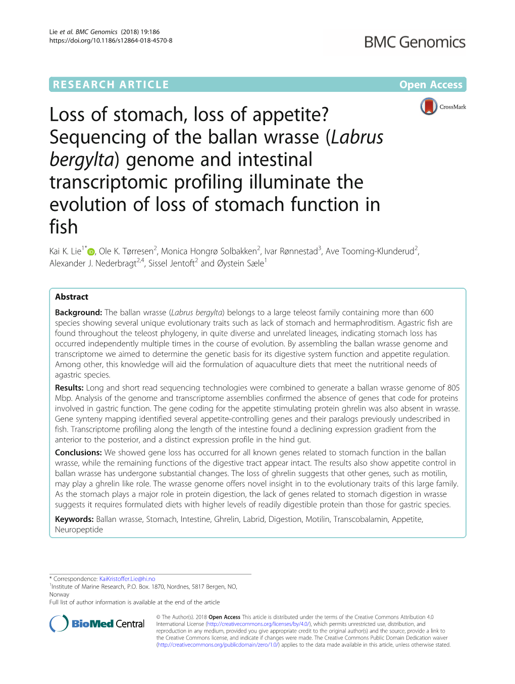 Sequencing of the Ballan Wrasse (Labrus Bergylta) Genome and Intestinal Transcriptomic Profiling Illuminate the Evolution of Loss of Stomach Function in Fish Kai K