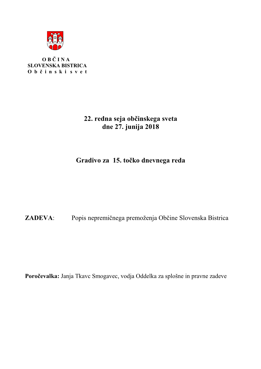 22. Redna Seja Občinskega Sveta Dne 27