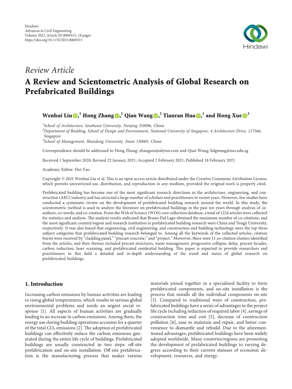 A Review and Scientometric Analysis of Global Research on Prefabricated Buildings