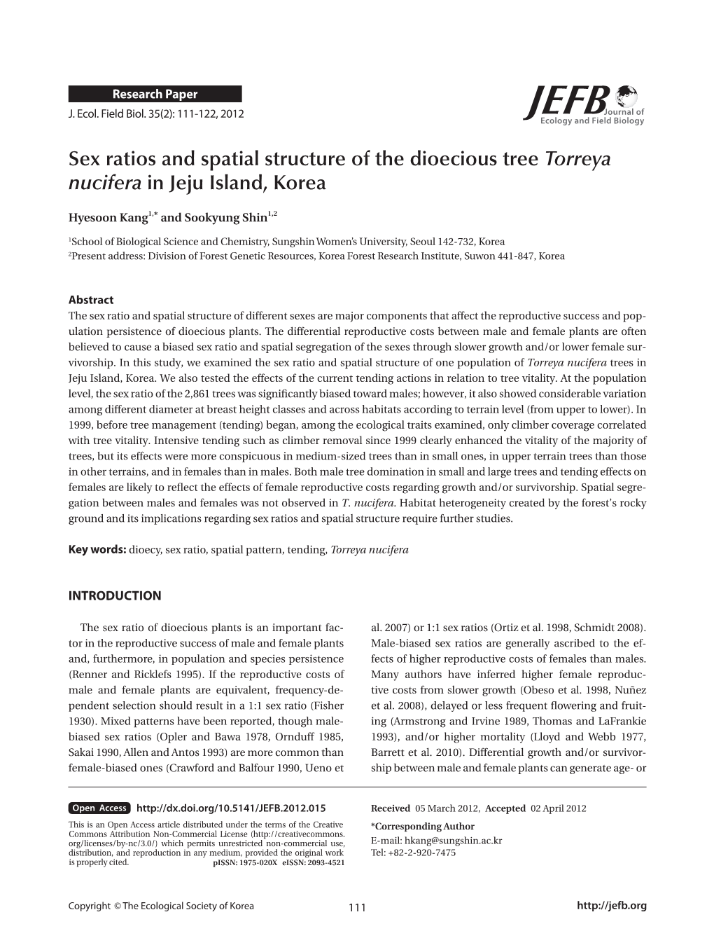 Sex Ratios and Spatial Structure of the Dioecious Tree Torreya Nucifera in Jeju Island, Korea