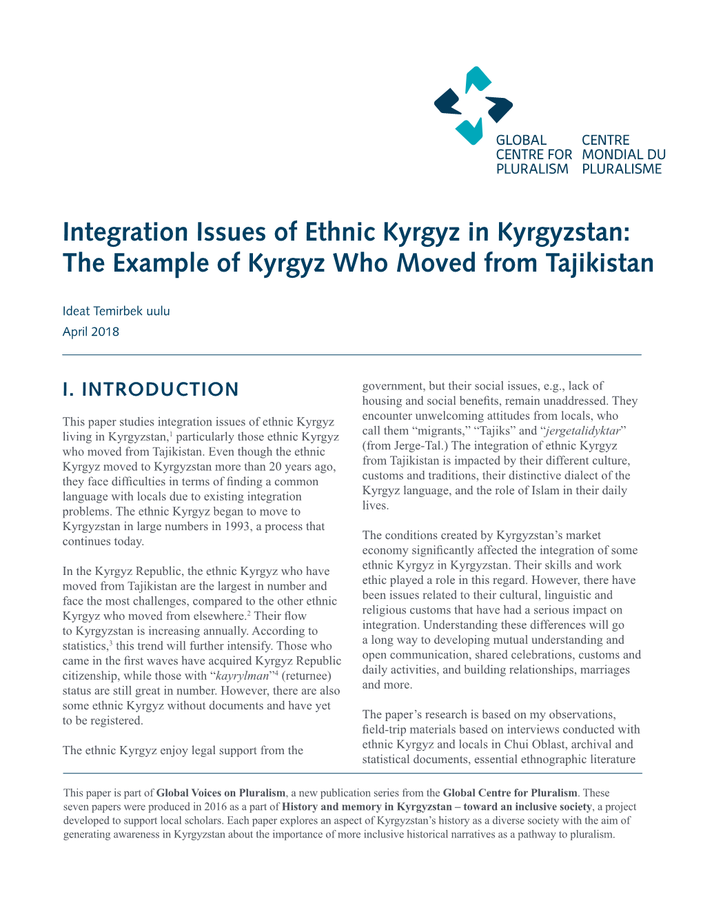 Integration Issues of Ethnic Kyrgyz in Kyrgyzstan: the Example of Kyrgyz Who Moved from Tajikistan