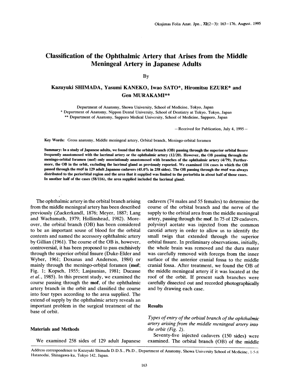 Classification of the Ophthalmic Artery That Arises from the Middle Meningeal Artery in Japanese Adults