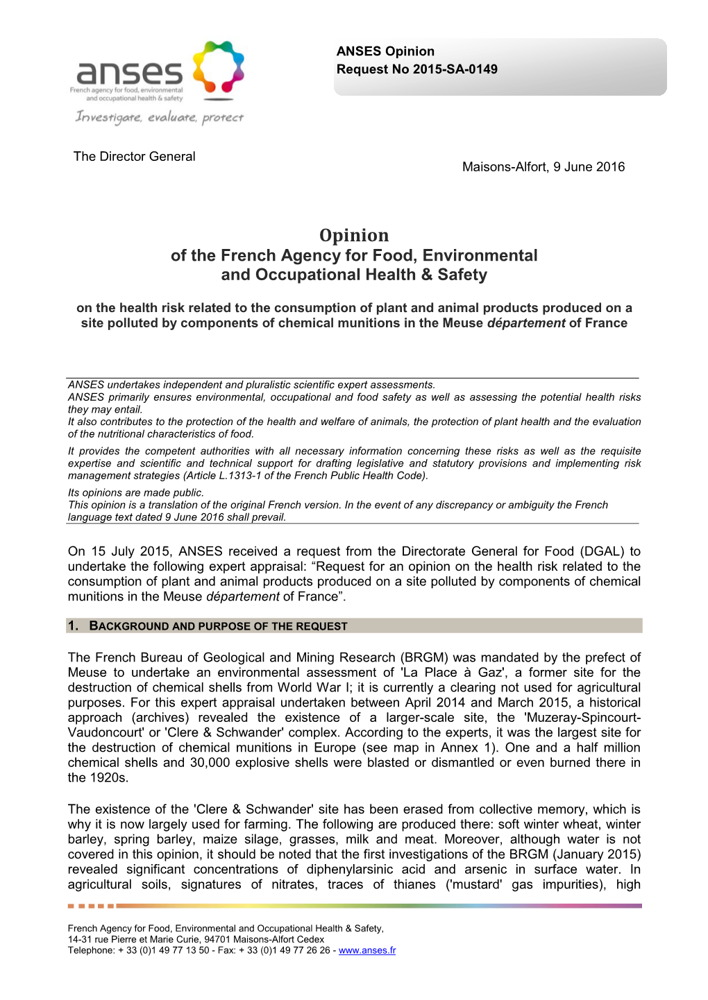 OPINION of ANSES on the Health Risk Related to the Consumption of Plant and Animal Products Produced on a Site Polluted by Compo