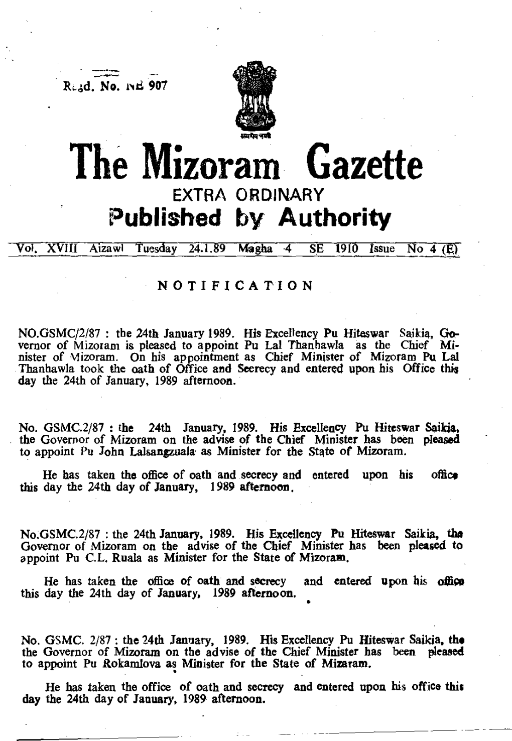 The Mizoram Gazette EXTRA ORDINARY Published by Authority Vol