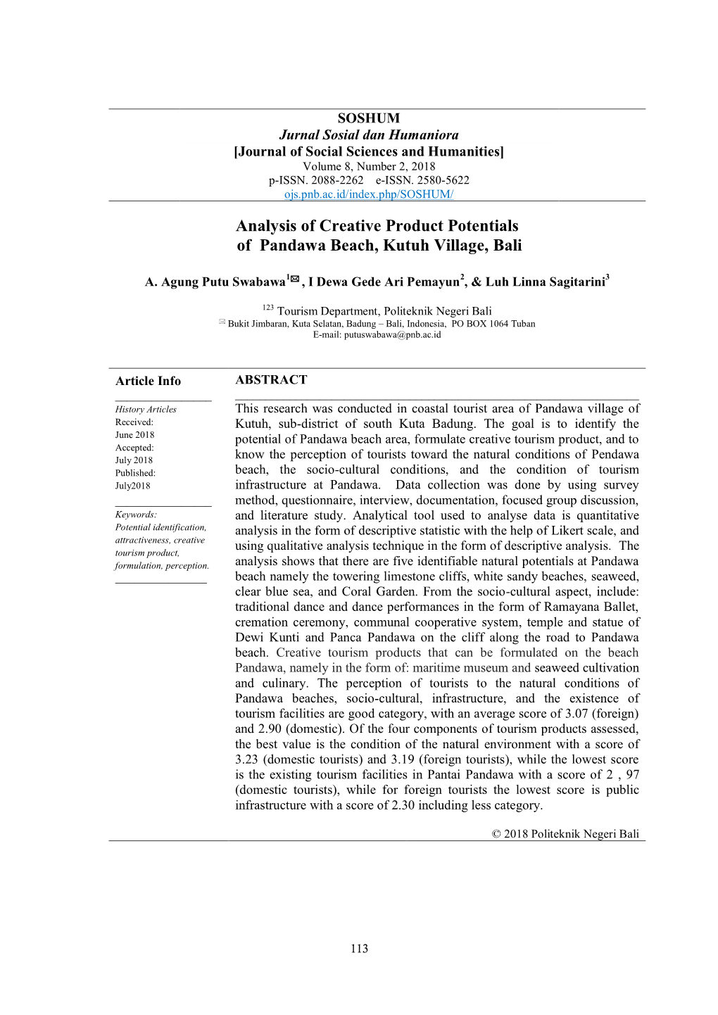 Analysis of Creative Product Potentials of Pandawa Beach, Kutuh Village, Bali