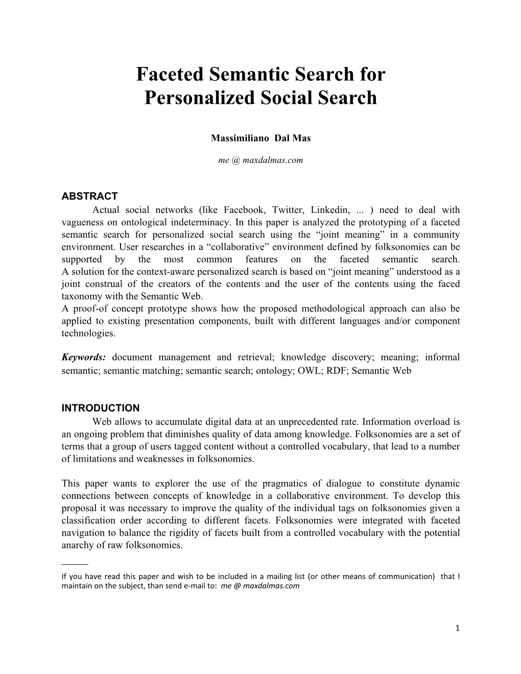 Faceted Semantic Search for Personalized Social Search