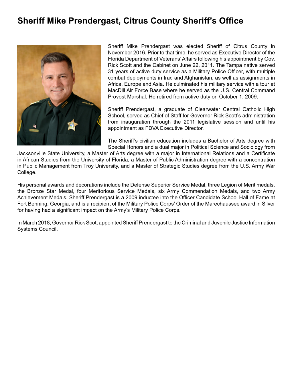 Sheriff Mike Prendergast, Citrus County Sheriff's Office