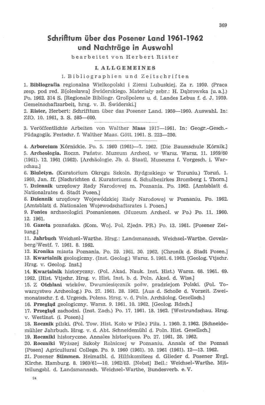 Schrifttum Über Das Posener Land 1961-1962 Und Nachträge in Auswahl Bearbeitet Von Herbert Rister