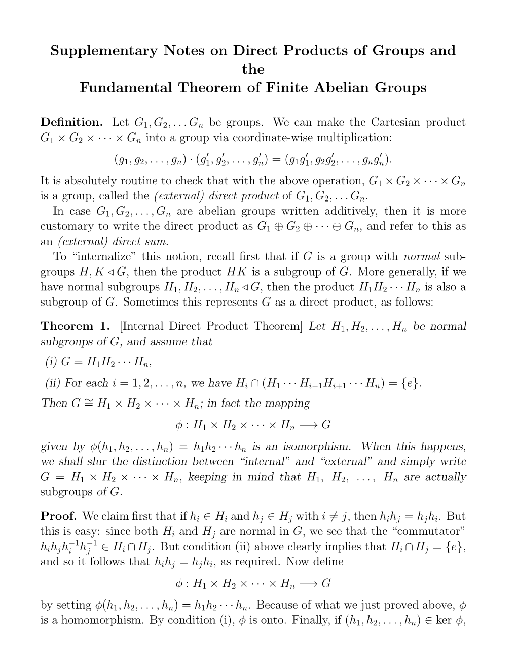 Supplementary Notes on Direct Products of Groups and the Fundamental Theorem of Finite Abelian Groups