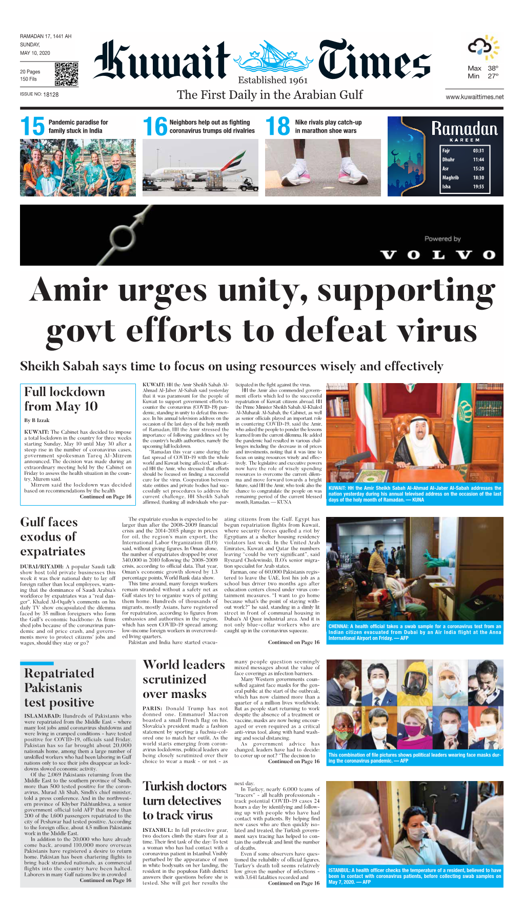 Amir Urges Unity, Supporting Govt Efforts to Defeat Virus Sheikh Sabah Says Time to Focus on Using Resources Wisely and Effectively