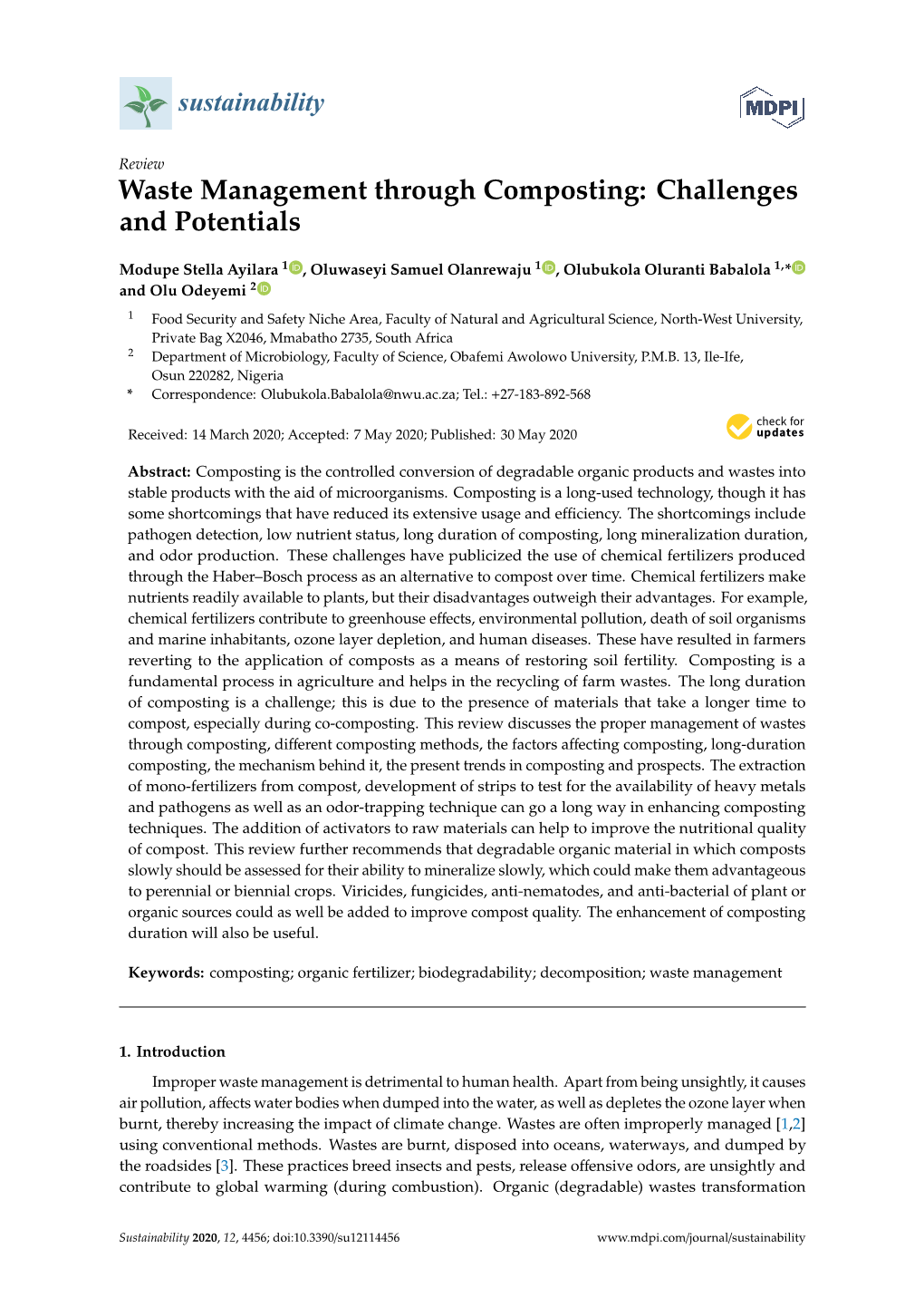 Waste Management Through Composting: Challenges and Potentials