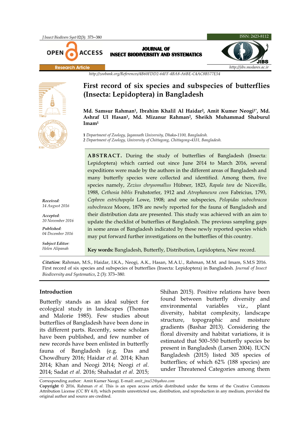 First Record of Six Species and Subspecies of Butterflies (Insecta: Lepidoptera) in Bangladesh