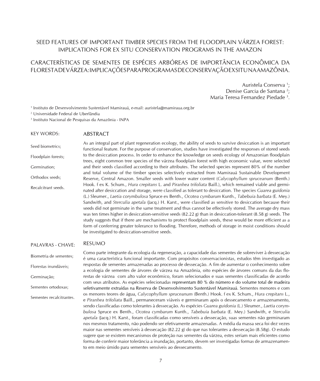 Seed Features of Important Timber Species from the Floodplain Várzea Forest: Implications for Ex Situ Conservation Programs in the Amazon