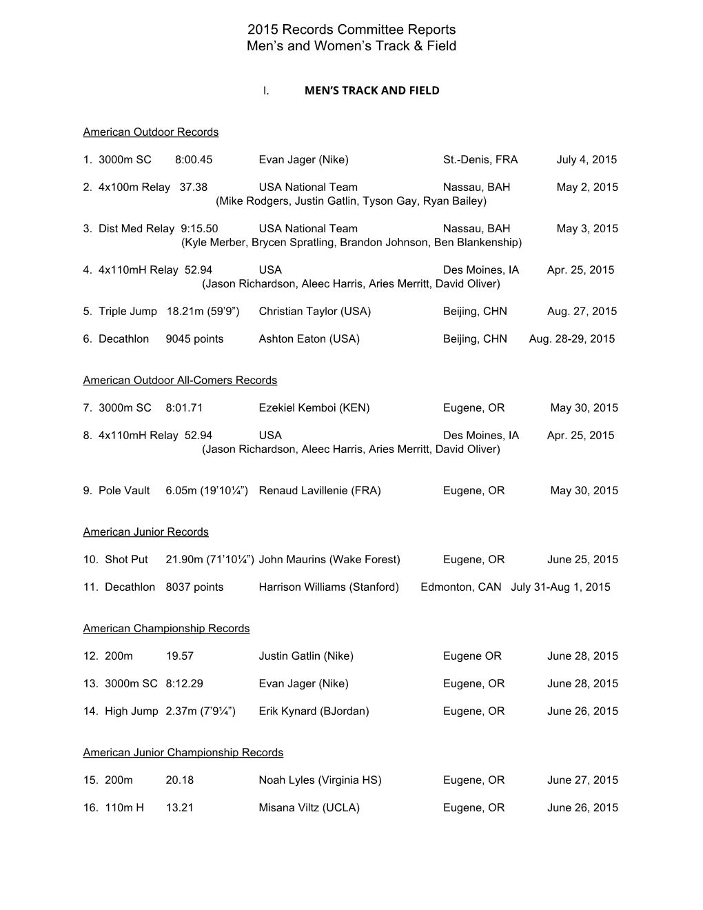 2015 Records Committee Reports Men's and Women's Track & Field