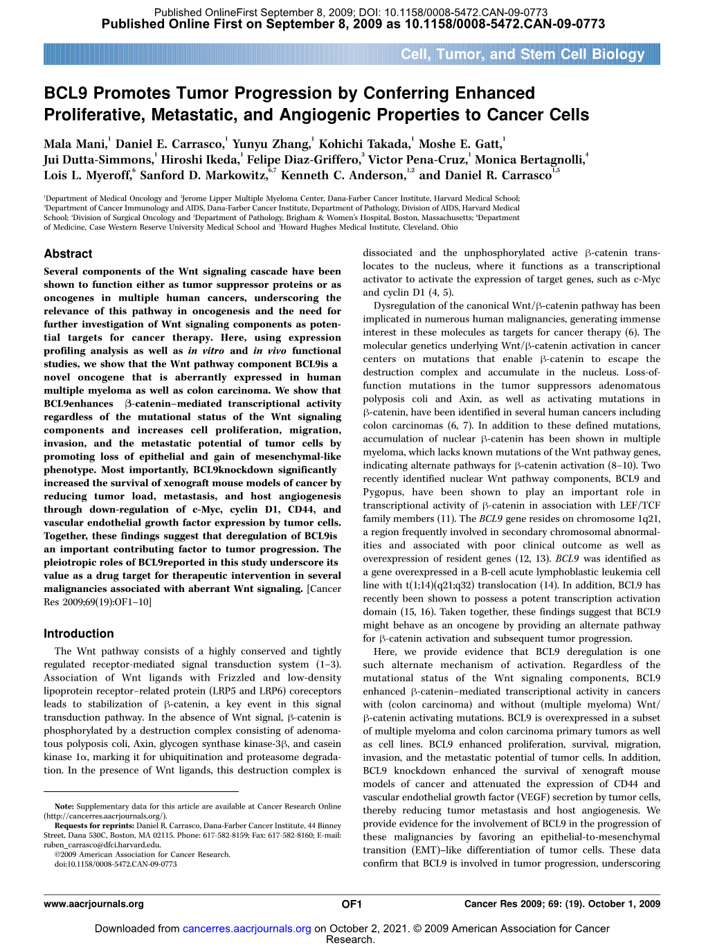 BCL9 Promotes Tumor Progression by Conferring Enhanced Proliferative, Metastatic, and Angiogenic Properties to Cancer Cells