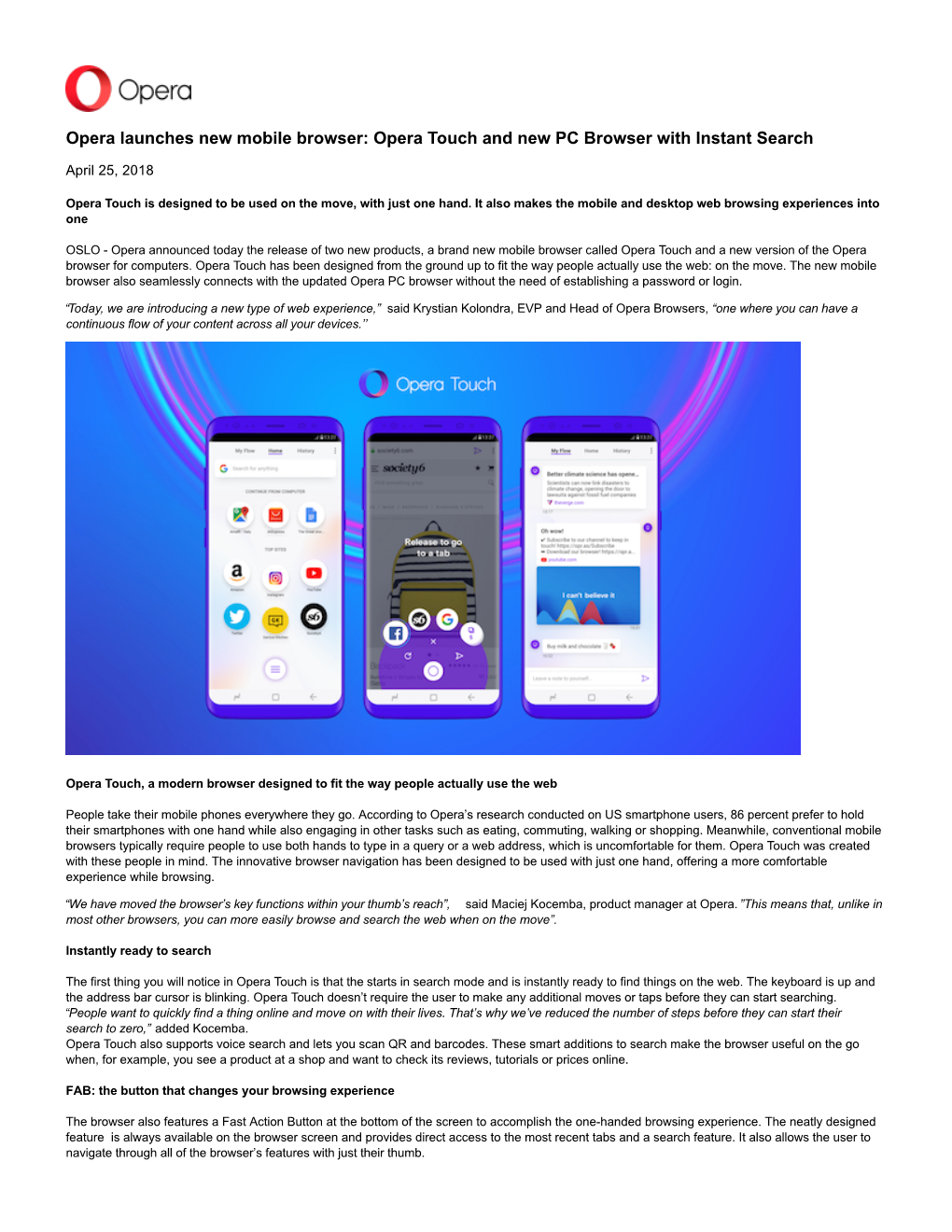 Opera Launches New Mobile Browser: Opera Touch and New PC Browser with Instant Search