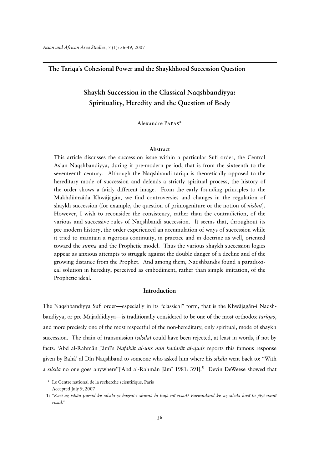 Shaykh Succession in the Classical Naqshbandiyya: Spirituality, Heredity and the Question of Body