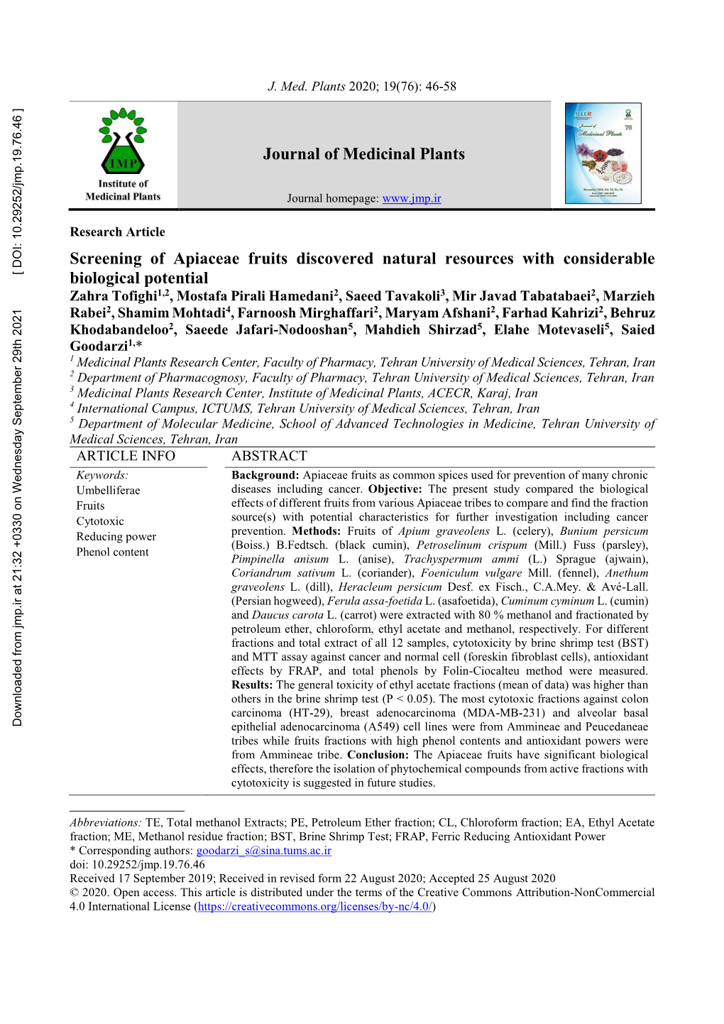 Screening of Apiaceae Fruits Discovered Natural Resources with Considerable Biological Potential