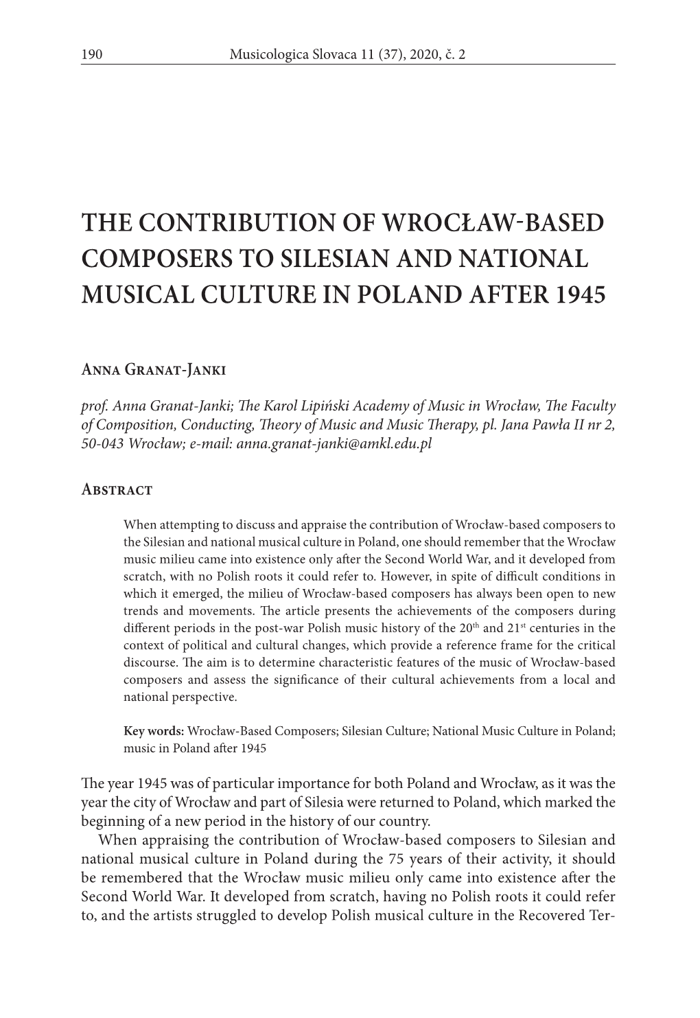 The Contribution of Wrocław-Based Composers to Silesian and National Musical Culture in Poland After 1945