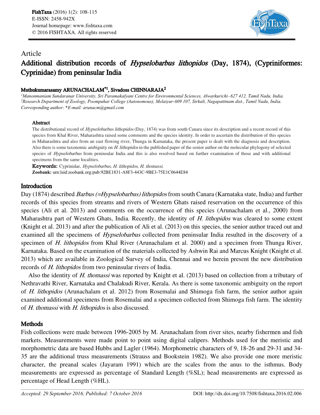 Article Additional Distribution Records of Hypselobarbus Lithopidos (Day, 1874), (Cypriniformes: Cyprinidae) from Peninsular India