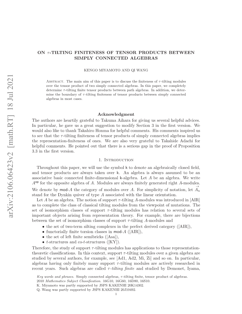 Arxiv:2106.06423V2 [Math.RT] 18 Jul 2021 Eetyas Uhagba R Called Are Algebras Z Such Support Mi, Many Ad2, Years