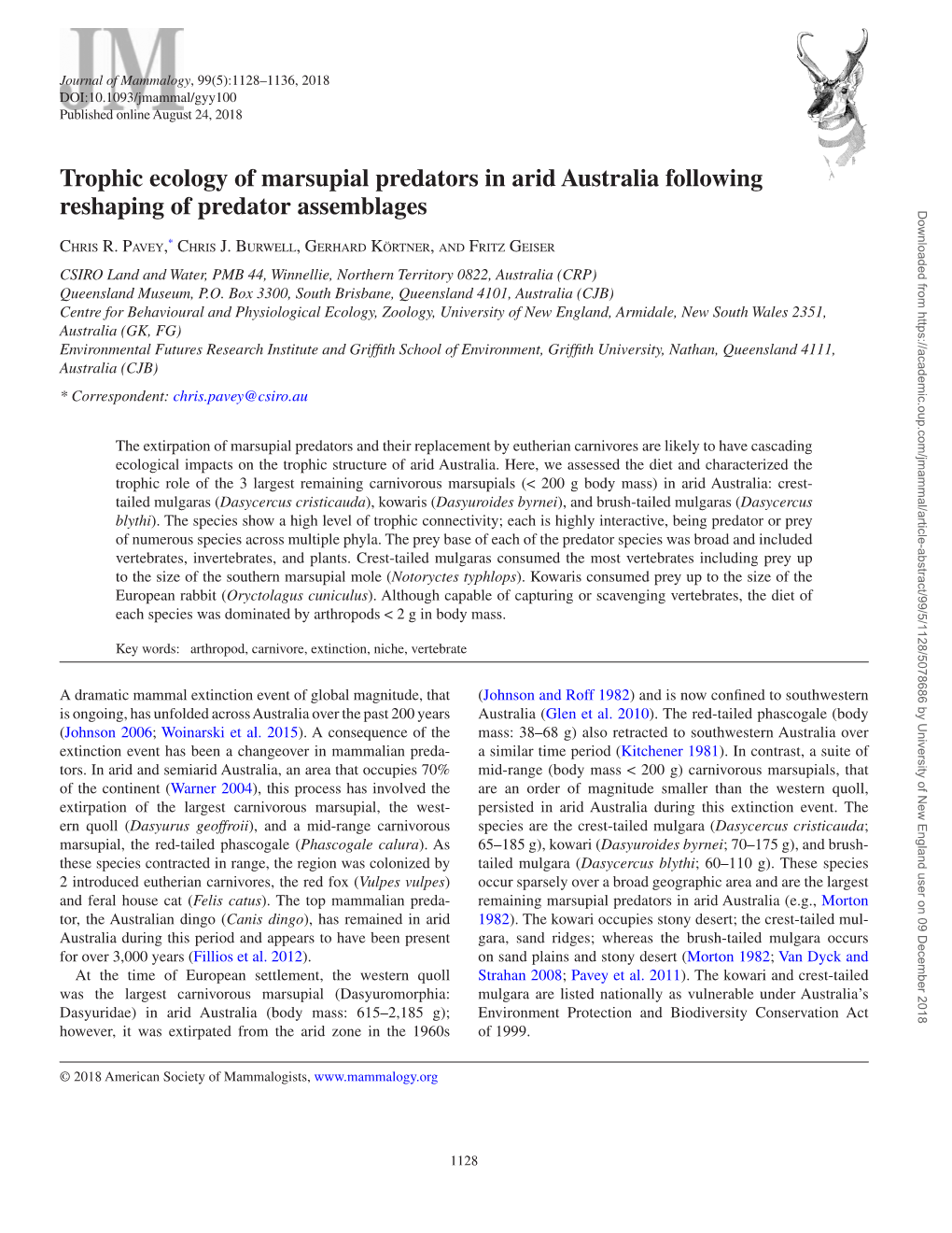 Trophic Ecology of Marsupial Predators in Arid Australia Following