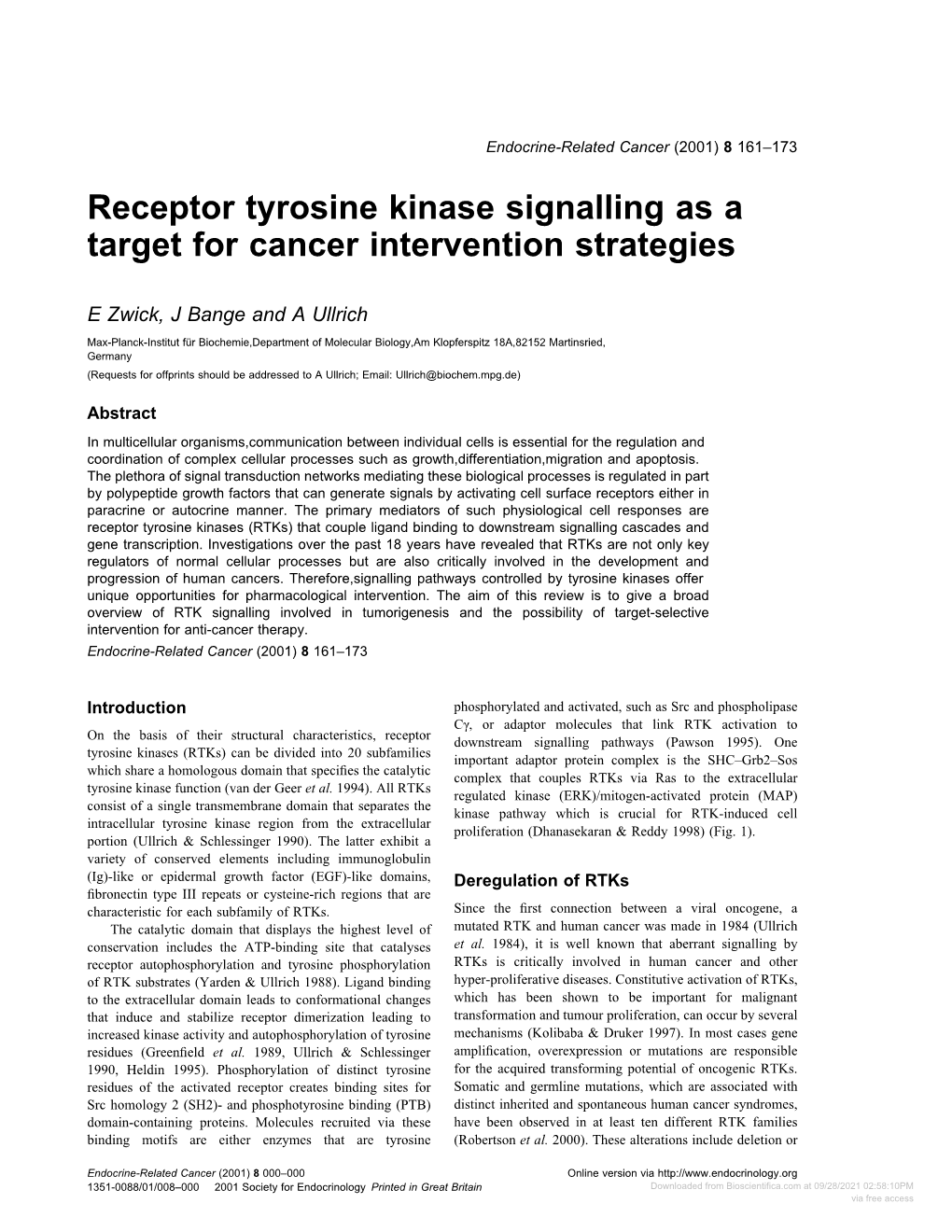 Receptor Tyrosine Kinase Signalling As a Target for Cancer Intervention Strategies