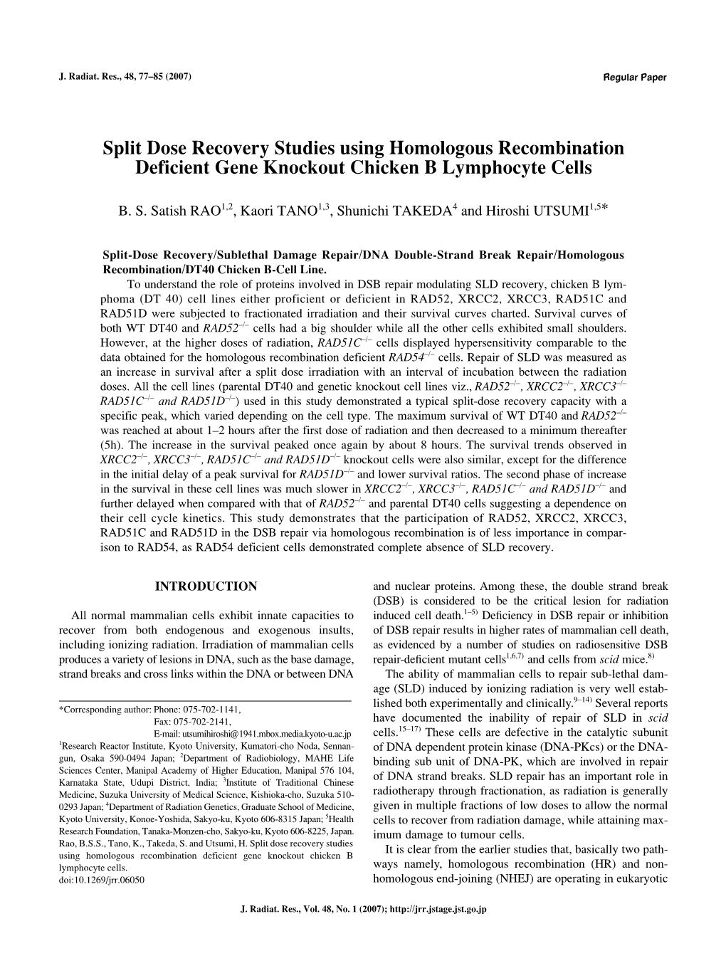 Split Dose Recovery Studies Using Homologous Recombination Deficient Gene Knockout Chicken B Lymphocyte Cells