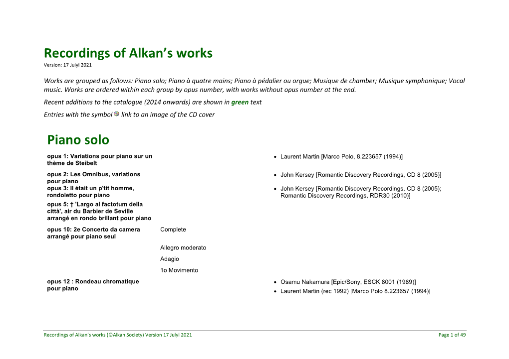 Recordings of Alkan's Works Piano Solo